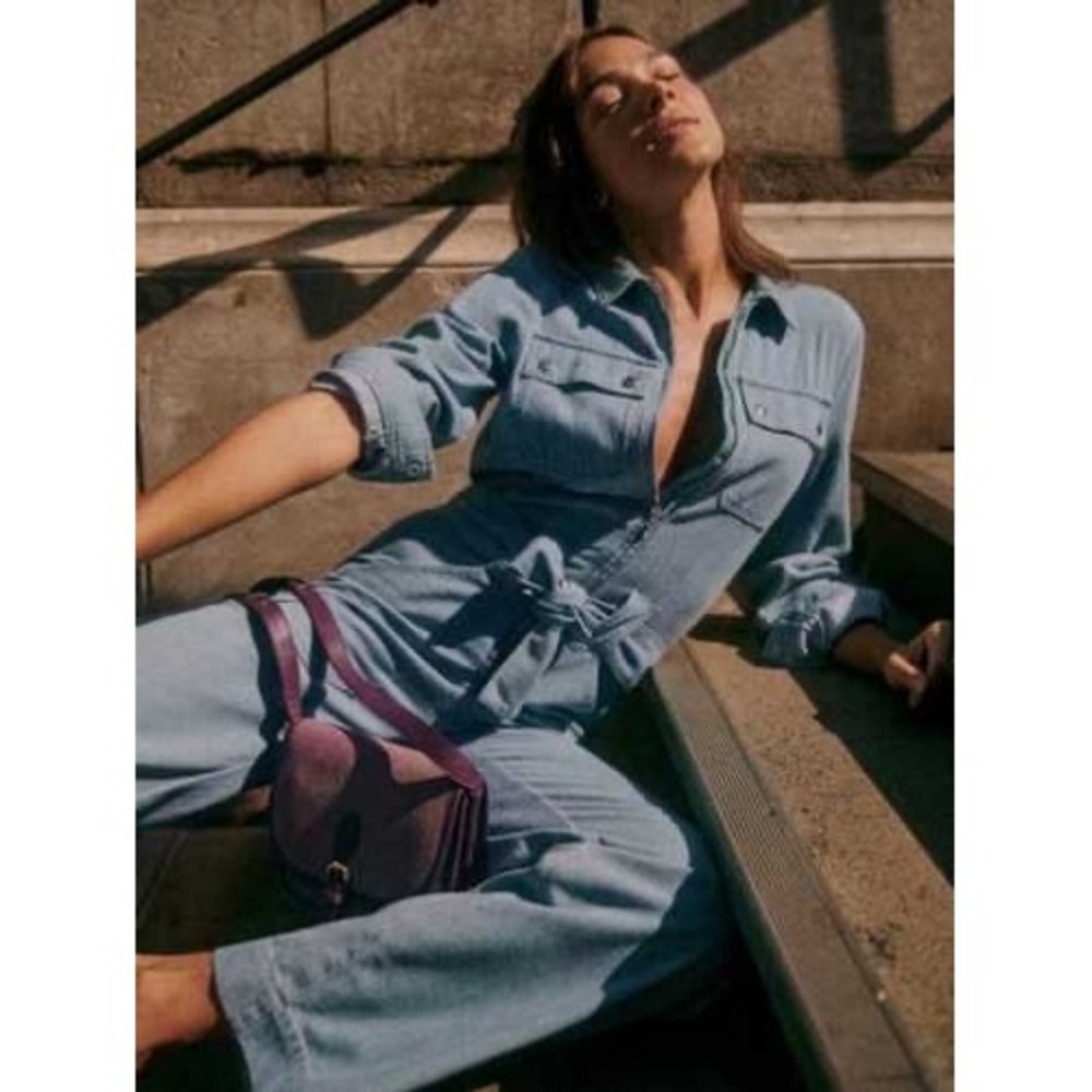 Sezane Denim Bob Jumpsuit Light Blue Wash Utility Long Sleeve Tie Waist US 6 NEW - Picture 3 of 14
